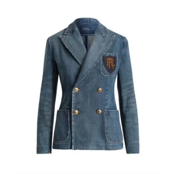Polo Ralph Lauren Denim Crest Blazer Double Breasted Gold Button XS - Picture 12 of 12